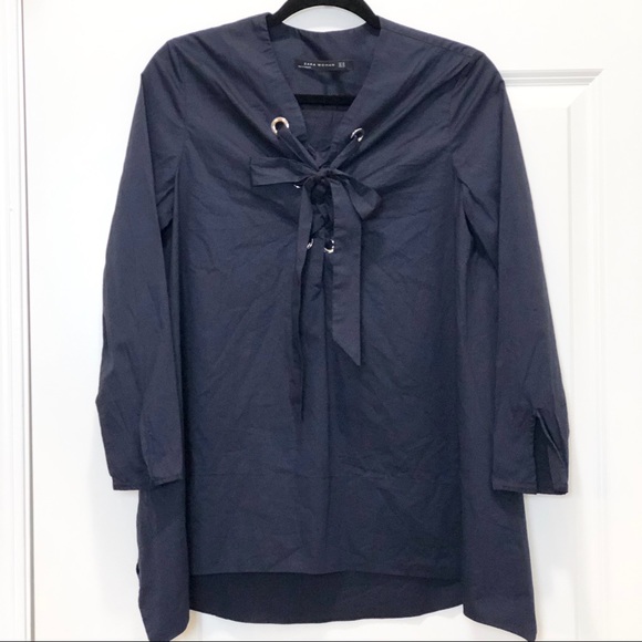 ZARA Woman Navy Blue Cotton Top - Picture 1 of 5